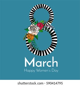 vector; an original cute greeting card with hand drawn flowers and leaves and decorative number eight for 8th of March - an international women's day; sketched peony and green twigs