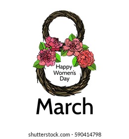 vector; an original cute greeting card with hand drawn flowers and leaves and decorative number eight for 8th of March - an international women's day; sketched peony and green twigs
