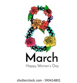vector; an original cute greeting card with hand drawn flowers and leaves and decorative number eight for 8th of March - an international women's day; sketched peony and green twigs