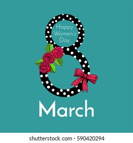 vector; an original cute greeting card with hand drawn flowers and leaves and decorative number eight for 8th of March - an international women's day; sketched roses and greenery