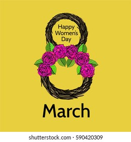 vector; an original cute greeting card with hand drawn flowers and leaves and decorative number eight for 8th of March - an international women's day; sketched roses and greenery