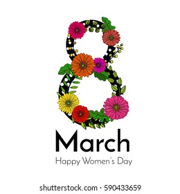 vector; an original cute greeting card with hand drawn flowers and leaves and decorative number eight for 8th of March - an international women's day; sketched gerbera and green twigs