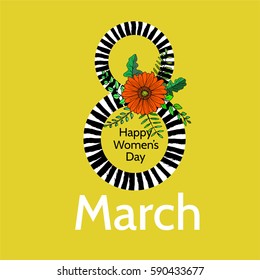 vector; an original cute greeting card with hand drawn flowers and leaves and decorative number eight for 8th of March - an international women's day; sketched gerbera and green twigs
