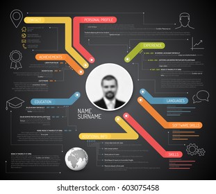 Vector original cv / resume template - creative version with colorful headings, lines and icons - dark background version