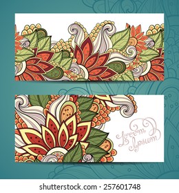 Vector Original Floral Banner. Decorative Template for Greeting Card with Place for text. Flowers, Leaves, Swirls