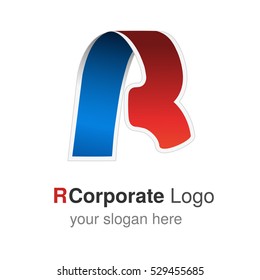 Vector original font alphabet. Letter R, corporate logo design, paper blue - red ribbon icon, origami

