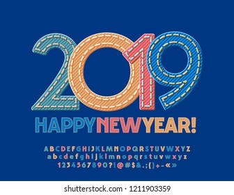 Vector Original Greeting Card Happy New Year 2019. Jeans Style Font For Kids. Denim Fabric Colorful Alphabet Letters.