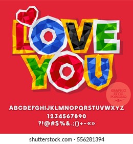 Vector original greeting card for Saint Valentine day with crumpled paper. Set of letters, numbers and symbols. Contains graphic style.