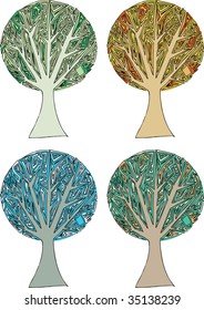 vector original hand drawn abstract tree in four seasons