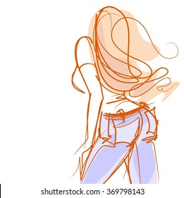 VECTOR 
   original hand-drawn graphic with beautiful young   girl model for design. Fashion, style, youth, fitness, sports, beauty. Graphic, sketch, drawing. Sexy body.
jeans, denim, trousers, pants