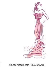 VECTOR original hand-drawn graphics with beautiful young   girl model for design. Fashion, style, youth, beauty. Graphic, sketch drawing. Sexy woman.  groom, bride, clothes, dress.