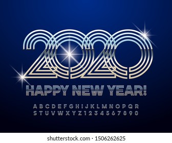 Vector original Happy New Year 2020 Greeting Card. Chic Alphabet Letters and Numbers. Shiny Silver Font.