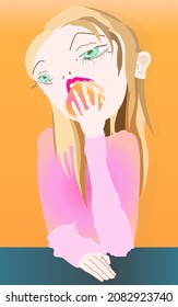 Vector original illustration of a beautiful girl eating cookie
