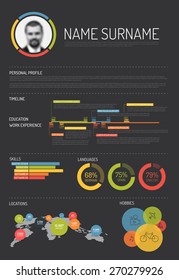 Vector Original Minimalist Cv / Resume Template - With Lot Of Infographic Elements - Dark Gray Version