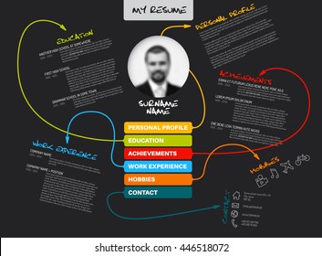 Vektor original minimalistische cv / video-vorlage - kreative version mit linien verbinden arbeitserfahrung, erziehung, persönliche info, leistungen - dunkle vorlagenversion