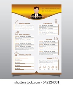 Vector original minimalist cv / resume template - creative version, Gold color 