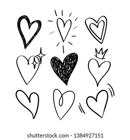 Vector Original Set Of Doodle Hand Drawn Isolated Hearts Icons, Crown, Shine, Sparkle Star. Elements For Your Design