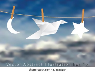 vector original symbolic abstract illustration with moon, bird and star on rope