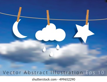 Vektorgrafik-Original, abstrakte Illustration mit Mond, Wolke mit Regen und Stern auf Seil, realistischer Vektorhintergrund