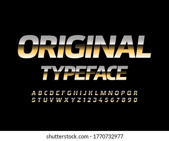Vector Original Typeface. Glossy Gold Font. Metal Luxury Alphabet Letters and Numbers
