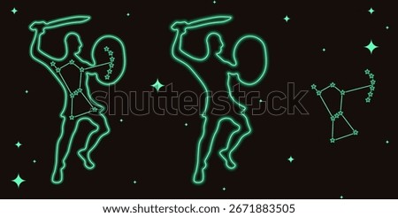 Vector Orion Belt constellation isolated black background. Neon Orion constellation set template design. EPS 10