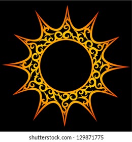 Vector ornament, abstract sun on black background.