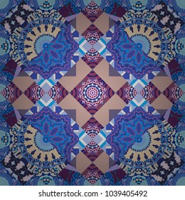 Vector ornament bandana in blue, violet and red colors for print, silk neck scarf or kerchief square design style for print on fabric. Seamless pattern luxury ornament.