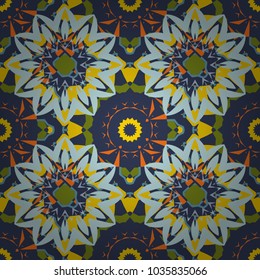 Vector ornament bandana in blue, yellow and green colors for print, silk neck scarf or kerchief square design style for print on fabric. Seamless pattern luxury ornament.