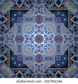 Vector ornament bandana in gray, violet and blue colors for print, silk neck scarf or kerchief square design style for print on fabric. Seamless pattern luxury ornament.