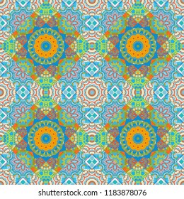 Vector ornament bandana in green, orange and blue colors for print, silk neck scarf or kerchief square design style for print on fabric. Seamless pattern luxury ornament.