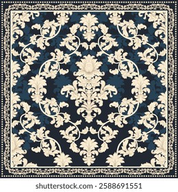 Vector ornament bandana Victorian style. Silk neck scarf or kerchief square pattern design.  Damask seamless pattern best motive for scarf, Hijab, kerchief, and carpet.