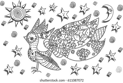 Vector ornament bird among the stars