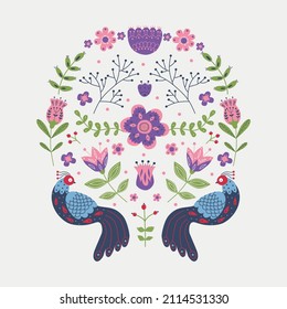 Vector ornament with birds, flowers and leaves with different folk compositions. Motif in scandinavan style. Ethnic flat illustration with nordic detailed in trendy colors.