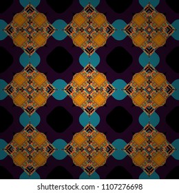 Vector ornament in black, blue and brown colors. Embroidery for fashion textile and fabric. Embroidery seamless pattern with abstract diagonal tiles.