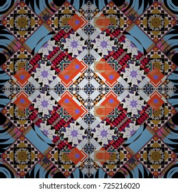 Vector ornament in black, blue and white colors. Embroidery for fashion textile and fabric. Embroidery seamless pattern with abstract diagonal tiles.