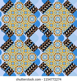 Vector ornament in black, blue and yellow colors. Embroidery for fashion textile and fabric. Embroidery seamless pattern with abstract diagonal tiles.