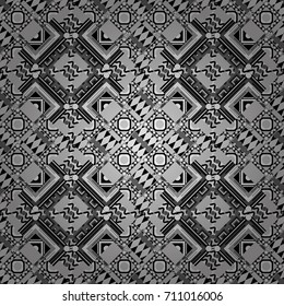 Vector ornament in black, gray and white colors. Embroidery for fashion textile and fabric. Embroidery seamless pattern with abstract diagonal tiles.