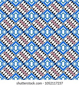 Vector ornament in black, white and blue colors. Embroidery for fashion textile and fabric. Embroidery seamless pattern with abstract diagonal tiles.