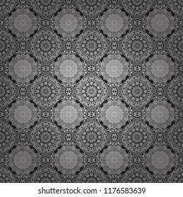 Vector ornament in black, white and gray colors. Embroidery for fashion textile and fabric. Embroidery seamless pattern with abstract diagonal tiles.
