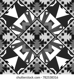Vector ornament in black, white and gray colors. Embroidery for fashion textile and fabric. Embroidery seamless pattern with abstract diagonal tiles.