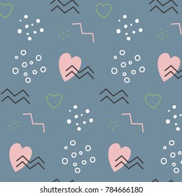 Vector ornament with blue background with pink heart gray zigzag white drops pink zigzag