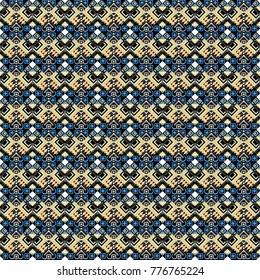 Vector ornament in blue, black and beige colors. Embroidery for fashion textile and fabric. Embroidery seamless pattern with abstract diagonal tiles.