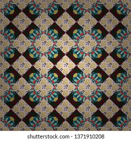 Vector ornament in blue, brown and gray colors. Embroidery for fashion textile and fabric. Embroidery seamless pattern with abstract diagonal tiles.