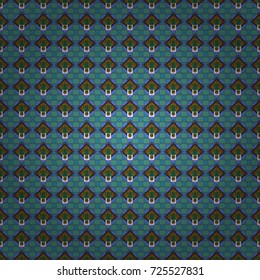 Vector ornament in blue, brown and green colors. Embroidery for fashion textile and fabric. Embroidery seamless pattern with abstract diagonal tiles.