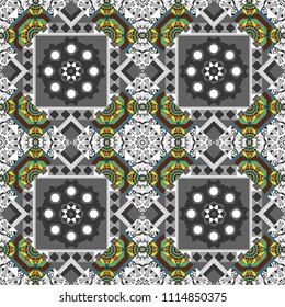 Vector ornament in blue, gray and white colors. Embroidery for fashion textile and fabric. Embroidery seamless pattern with abstract diagonal tiles.