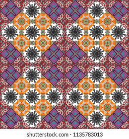 Vector ornament in blue, red and gray colors. Embroidery for fashion textile and fabric. Embroidery seamless pattern with abstract diagonal tiles.