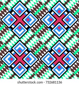 Vector ornament in blue, white and brown colors. Embroidery for fashion textile and fabric. Embroidery seamless pattern with abstract diagonal tiles.