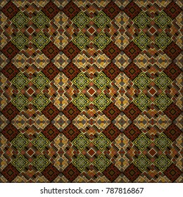 Vector ornament in brown, black and yellow colors. Embroidery for fashion textile and fabric. Embroidery seamless pattern with abstract diagonal tiles.