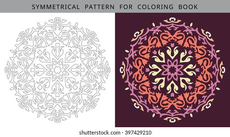 Vector Ornament With Caucasian Motifs. Round ornament for coloring book.