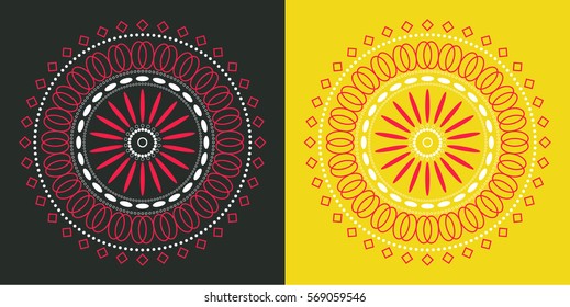 Vector ornament, circle, yellow and black background.